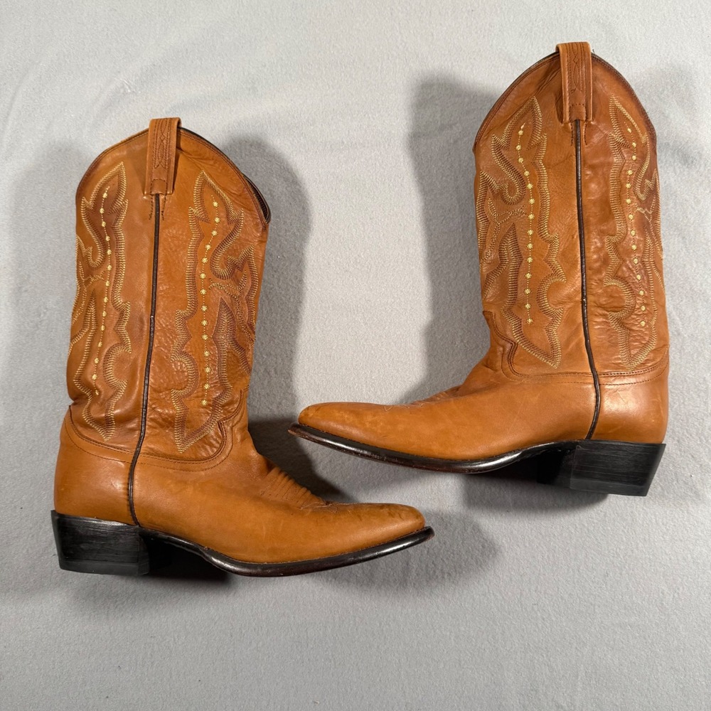 Vintage Justin Boots Mens Tan Leather Western Cowboy Boots Pointed Toe 9.5D